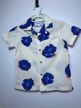 Sovereign Code Cream Short Sleeve Button-Up with Bold Blue Floral Print Size 5-6